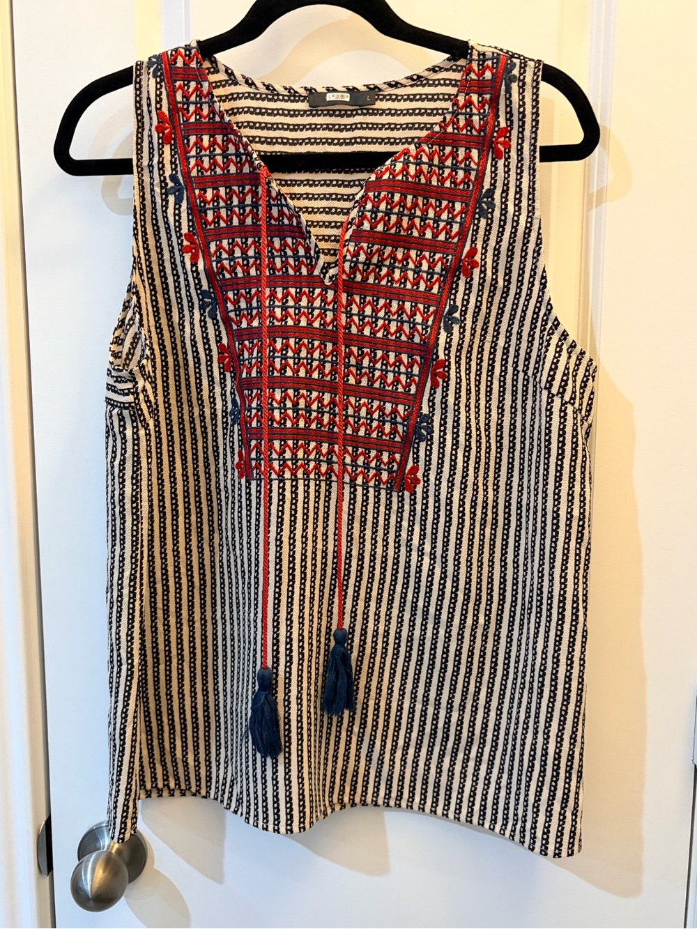 THML Navy Striped Sleeveless Top with Red Embroidery Boho Style